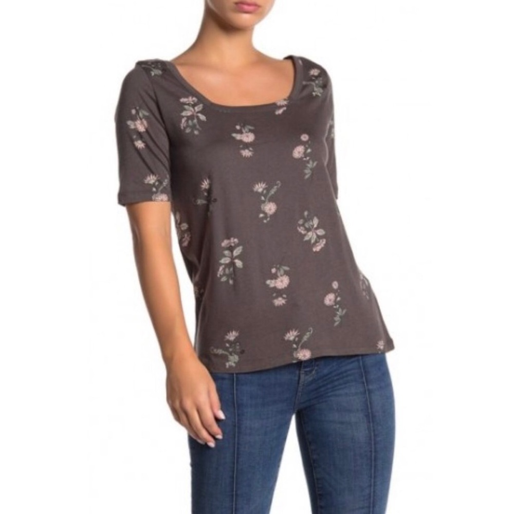 Susina Top Size Small Gray Cotton Double Floral Square Neck Shirt Short Sleeved